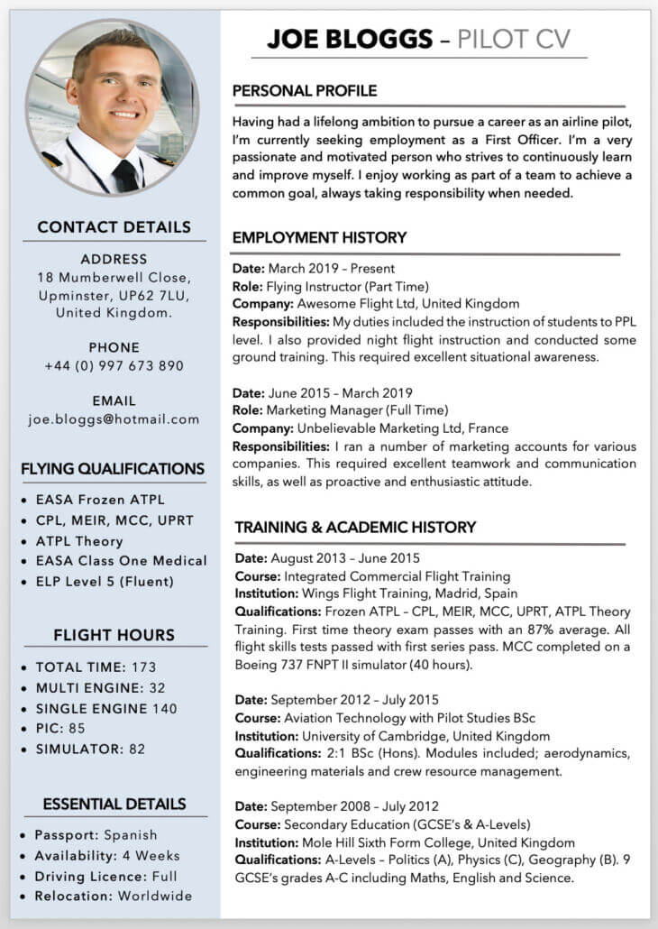 free professional pilot resume template