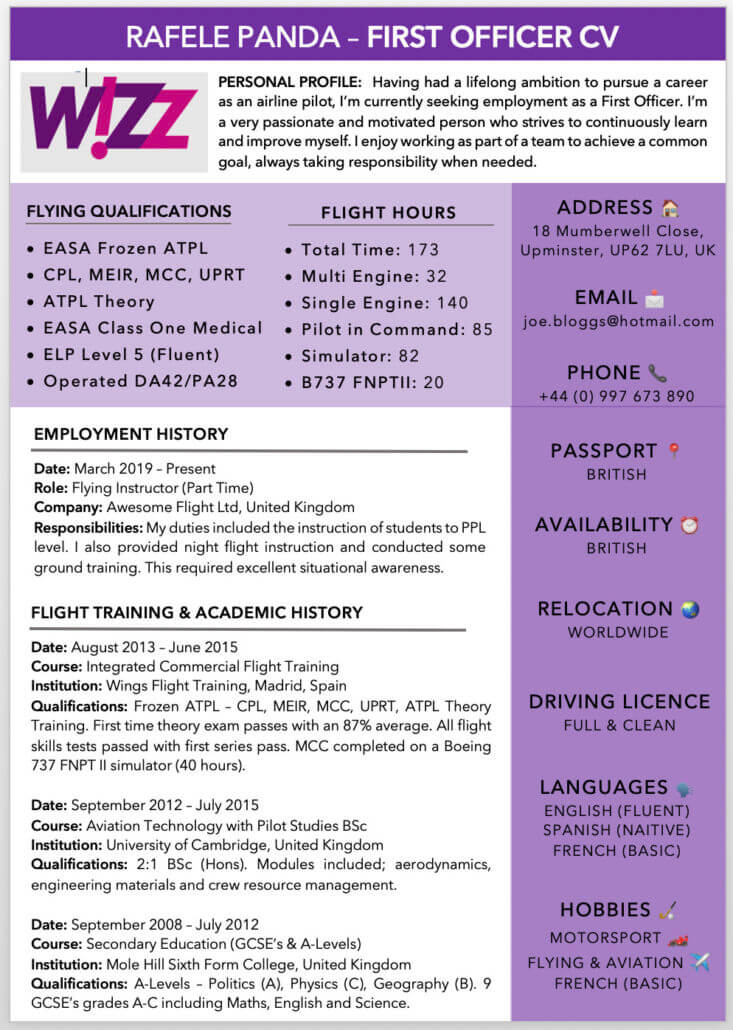 Wizz Air Example Pilot CV